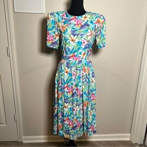 Vintage Tropical Floral Midi Dress | Pastel Hawaiian Cottagecore Petite Small